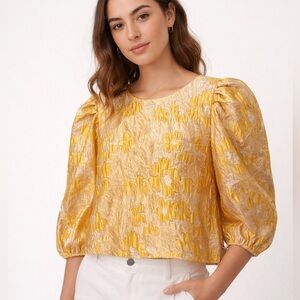 Women's Gold Floral Jacquard Puff-Sleeve Blouse